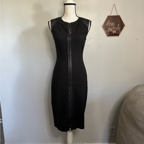 Eilie Tahari Black ZIp front Midi with Mesh Grommet Shoulders Size 2 - Picture 8 of 9